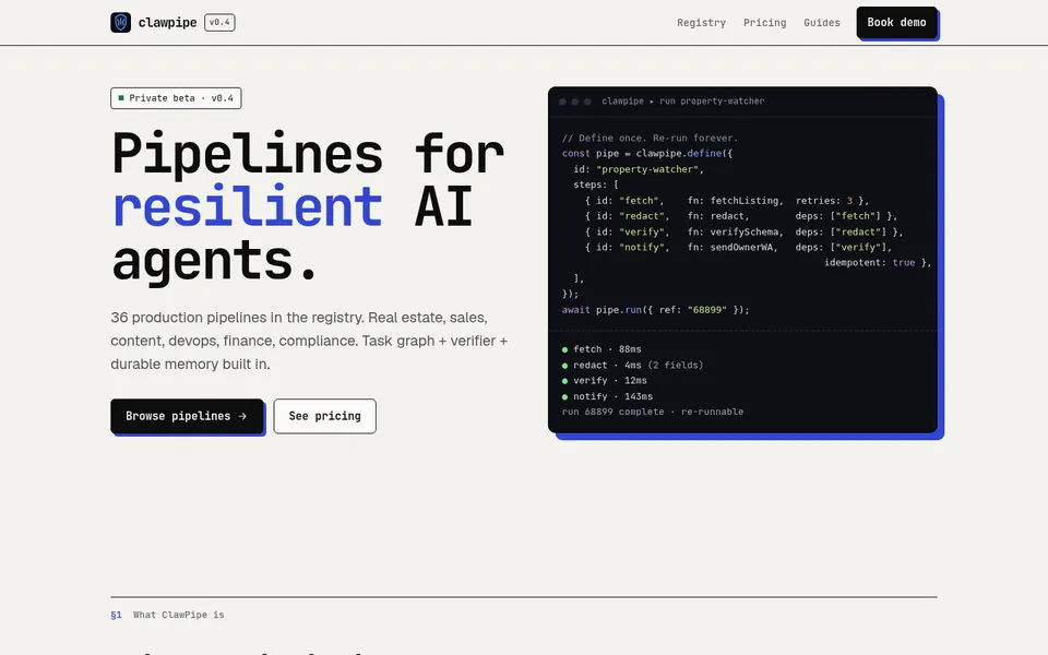 ClawPipe home page, live screenshot
