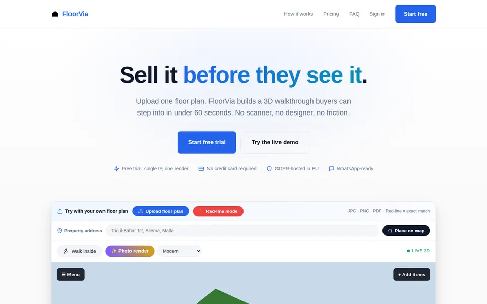 FloorVia home page, live screenshot